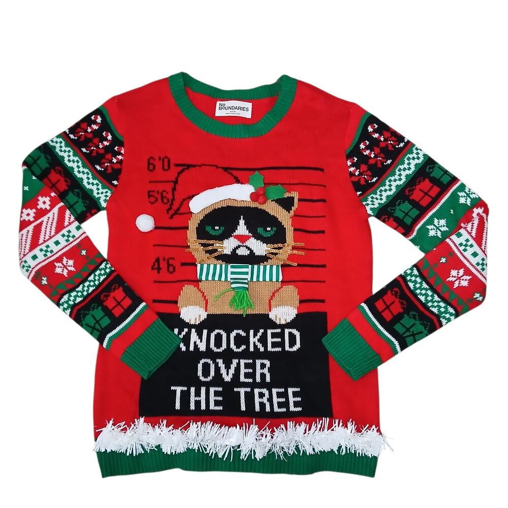 No Boundaries Ugly Christmas Sweater Women’s M‎ (8-10) Grumpy Cat Mugshot